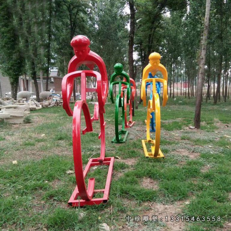 不锈钢抽象骑单车人物雕塑，公园景观摆件 (5)