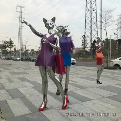 商场镜面购物人物不锈钢雕塑