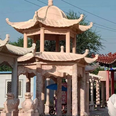 晚霞红石雕景观凉亭