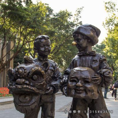 公园舞狮儿童铜雕