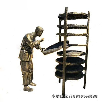 茶文化晒茶人物铜雕
