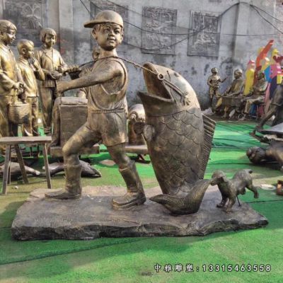 铜雕捕鱼人物