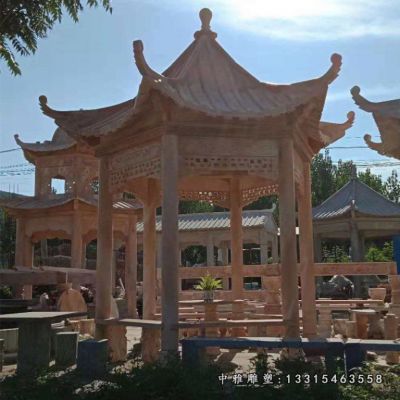 晚霞红石雕凉亭