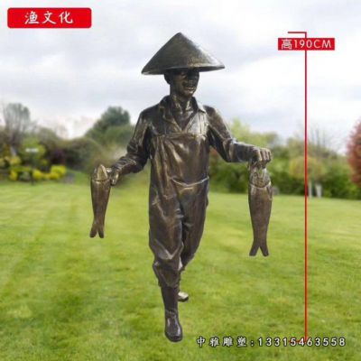 铜雕捕鱼渔夫雕塑