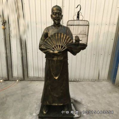 铜雕公园遛鸟人物