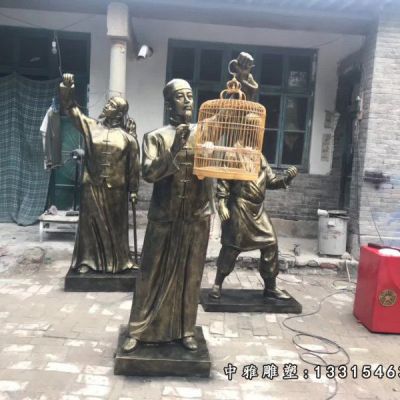 公园铜雕遛鸟人物