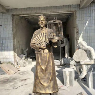 园林铜雕遛鸟人物